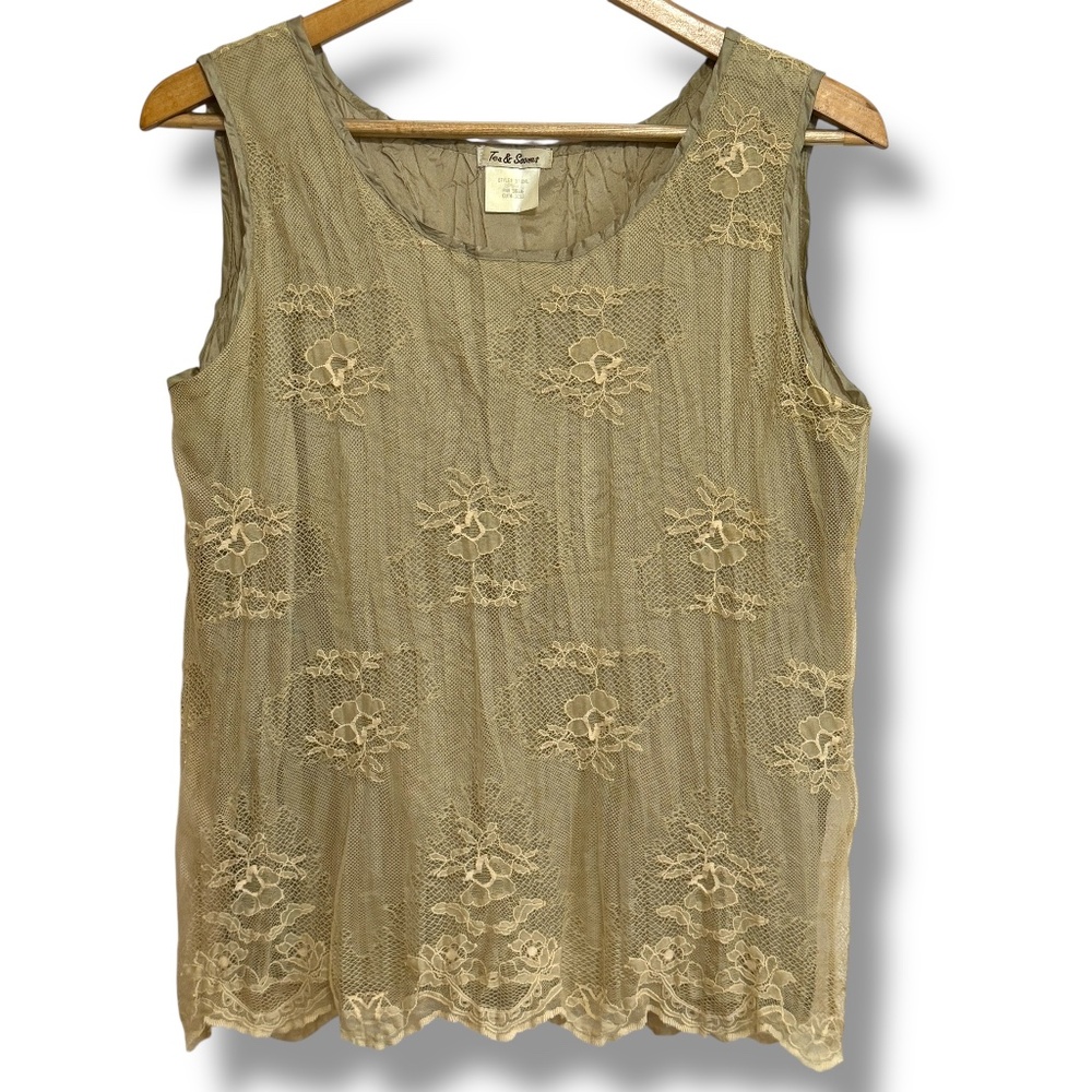 Vintage Tea & Scones Lace Overlay Crinkle Top Sz‎ Small Light Olive Fairy Dainty